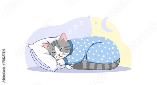 Cute cartoon cat sleeping comfortably on a pillow under the twinkling stars