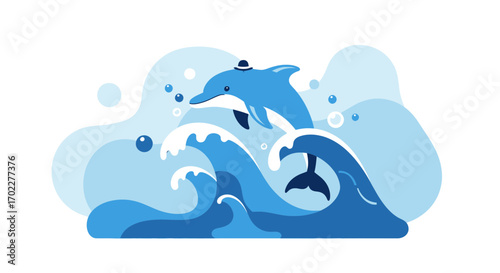 Cute cartoon dolphin wearing a hat jumping over ocean waves in vector illustration
