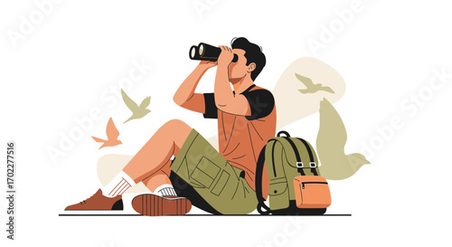 Enthralled Birdwatcher Using Binoculars, Bird Watching From Outdoors, Vector Illustration Drawing