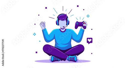 Enthusiastic Gamer Celebrates Victory Holding Game Controller in Cartoon Illustration