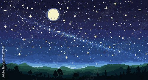 Pixelated Night Sky: Moon and Stars
