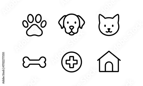 Minimalist pet icons: dog, cat, paw, bone, house, medical symbol in black line art