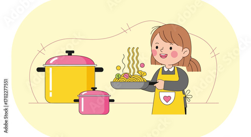 Cute cartoon of a woman cooking delicious pasta in the kitchen with pots nearby