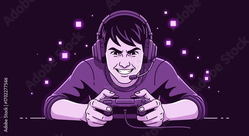 Enthusiastic Gamer Concentrates, Grips Controller, Engrossed In Virtual World Adventure