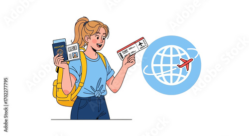 Excited Woman Ready To Travel The Globe With Passport, Ticket, And Backpack
