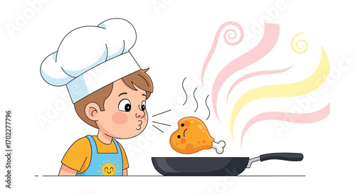 Cute illustration of a chef boy smelling delicious fried chicken in a pan