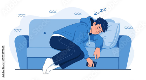 Exhausted Individual Taking a Nap on Couch with Phone Dropped Close By