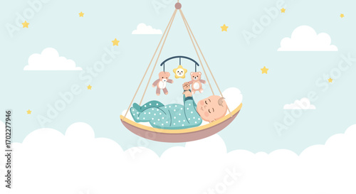 Cute Illustration of a Sleeping Baby in a Hammock with Sky and Clouds Theme