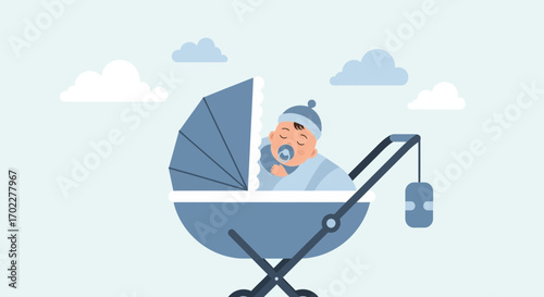 Cute illustration of a sleeping baby boy in a stroller with clouds in the background