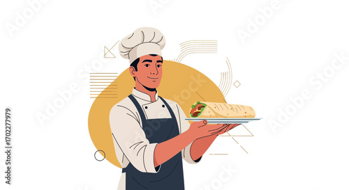 Expert Chef Presenting A Fresh Shawarma Wrap On A Plate Prepared In The Kitchen