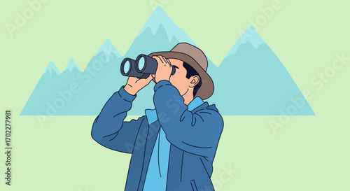 Explorer Gazing Through Binoculars, Observing Mountains in a Vibrant Artistic Illustration