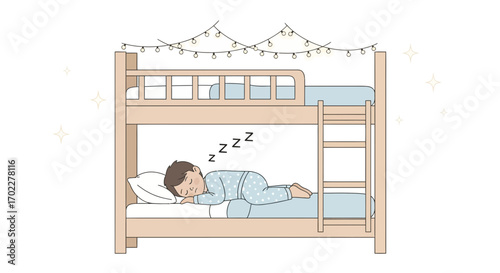 Cute little boy sleeping peacefully in a bunk bed on a white background