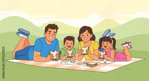 Family picnic in the park vector illustration enjoying sandwiches and quality time together
