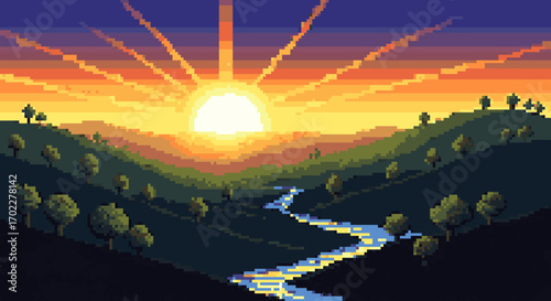 Pixelated Sunset Over Rolling Hills