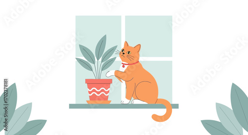 Cute Orange Cat Exploring Houseplant on Window Sill in a Minimalistic Illustration