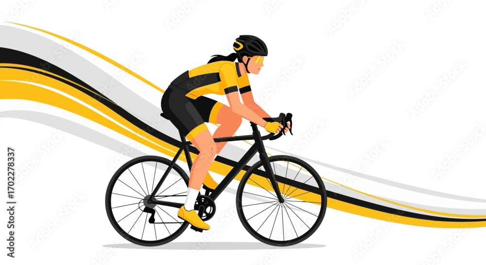 Fototapeta premium Cycling Athlete Races On Road Bicycle With Dynamic Graphic Elements Across a White Backdrop