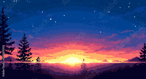 Pixelated Sunset Over Forest Silhouette