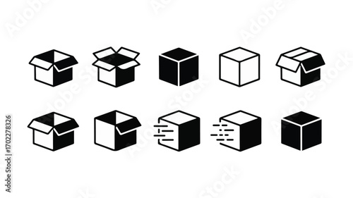 Black and white isometric box icons with open and closed variations open box
