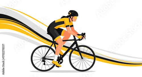 Cycling Athlete Races On Road Bicycle With Dynamic Graphic Elements Across a White Backdrop