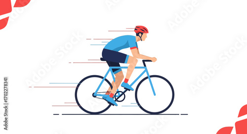 Cyclist Accelerating On Bicycle, Vibrant Motion Depicted in Flat Vector Illustration