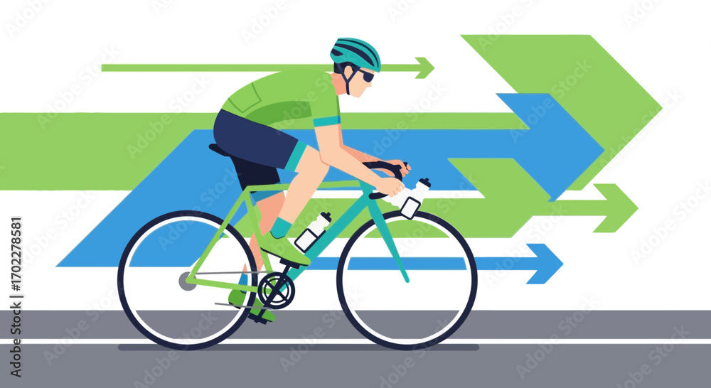 Fototapeta premium Cyclist Racing Forward on Bike with Geometric Arrows Representing Speed and Direction