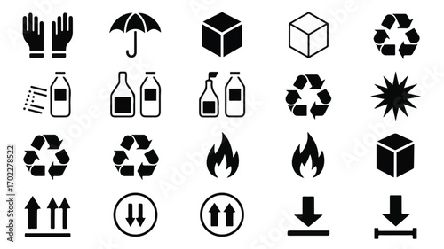 Black and white shipping symbols and icons gloves umbrella