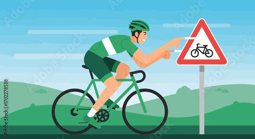 Cyclist pointing at a bicycle sign while riding a bicycle on a sunny day