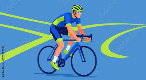 Cyclist Racing On Blue Background With Abstract Green Lines Representing Speed And Movement.
