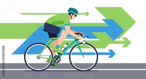 Cyclist Racing Forward on Bike with Geometric Arrows Representing Speed and Direction