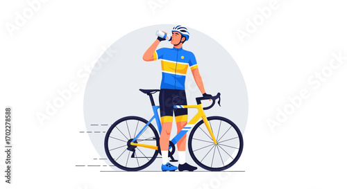 Cyclist Resting And Hydrating With Bicycle After A Long Ride For Energy
