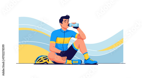 Cyclist Resting And Drinking Water During A Break In Refreshing Colors Illustration