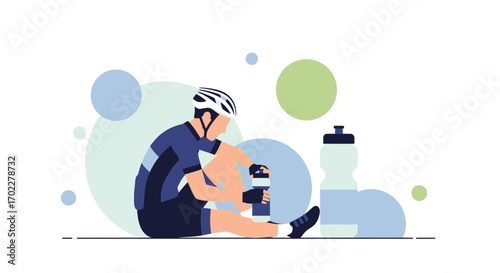 Cyclist Taking a Break and Drinking Water from Bottle Cartoon Illustration