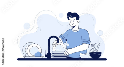 Daily Chores: A Man Washing Dishes in a Simple, Modern, and Clean Illustration Style