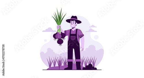 Farmer holding a harvested onion in a field illustration with a white background