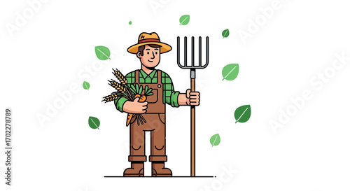 Farmer Holding Harvest Crops and Pitchfork, Concept Of Organic Agriculture And Farming