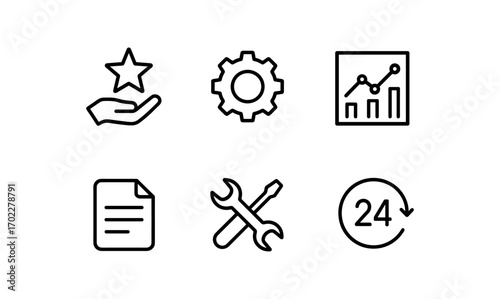 Minimalist business icons: star, gear, graph, document, tools, 24/7 service
