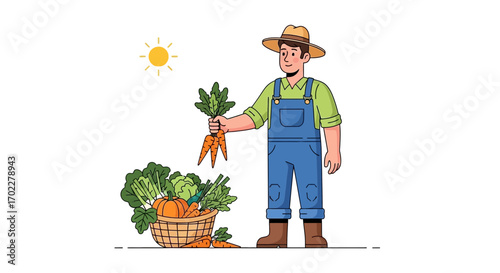 Farmer Showing Carrots And Fresh Harvest Vegetables From The Farm's Garden