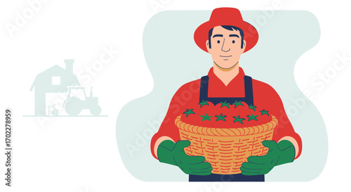 Farmer Presenting Freshly Harvested Tomatoes in Wicker Basket, Ready to Sell