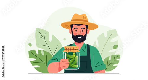 Farmer Presenting Jar Of Pickles, Harvesting Natural Food For Home Preserves Production