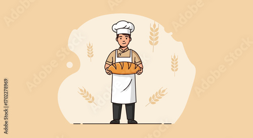 Dedicated Baker Presenting Freshly Baked Bread, Baking Illustration, Vector Artist