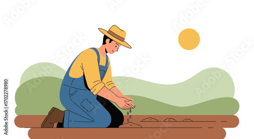 Farmer Sowing Seeds in Sunlight Producing Beautiful Green and Fertile Landscape