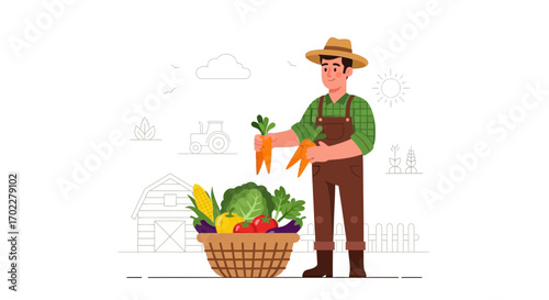 Farmer with a Basket of Fresh Vegetables and Carrots in a Farm Landscape