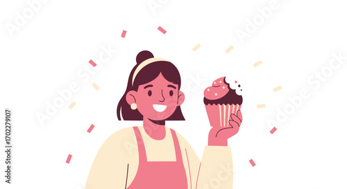 Delighted Baker With A Dessert Cupcake, Smiling And Happy, Pink Color Scheme