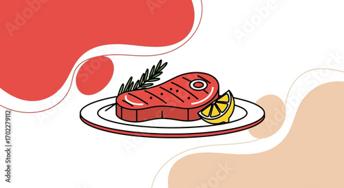 Delicious grilled steak with lemon and herbs on a white plate illustration food concept