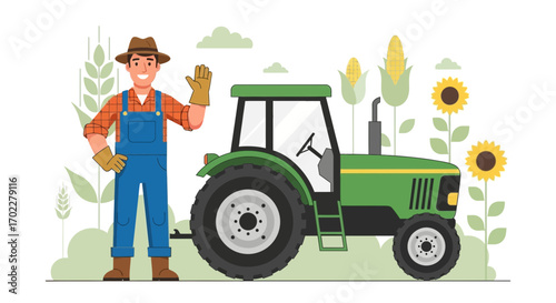 Farmer waving next to tractor on field working and harvesting seasonal crops, agriculture concept