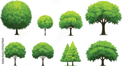 Collection of vibrant green cartoon trees of various shapes and sizes including round, triangular, and bushy tree illustrations.