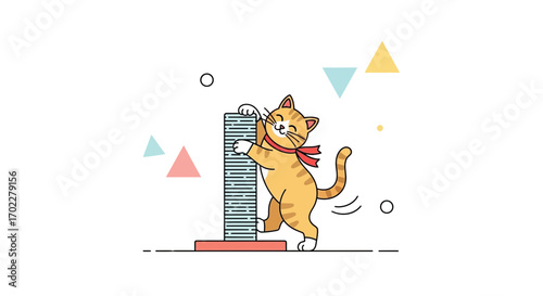 Delighted Feline Engaged In Play, Embracing Its Scratching Post With Cheerful Exuberance
