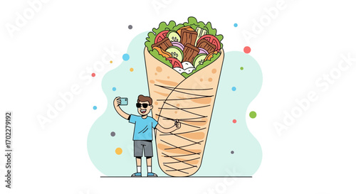 Delighted Person Taking a Selfie Alongside a Gigantic, Appetizing Shawarma Illustration