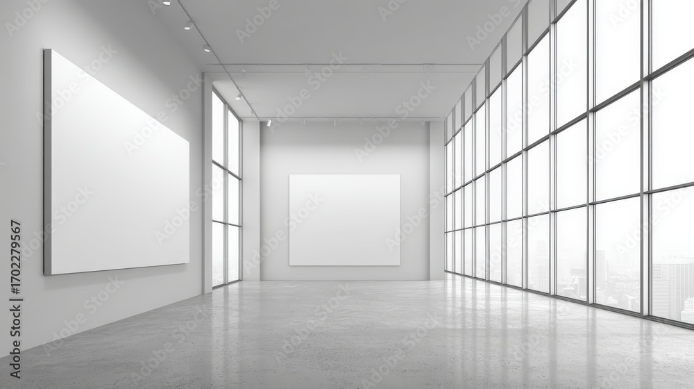 Fototapeta premium Bright modern art gallery interior with blank canvas, polished concrete floor, and large windows showcasing city view