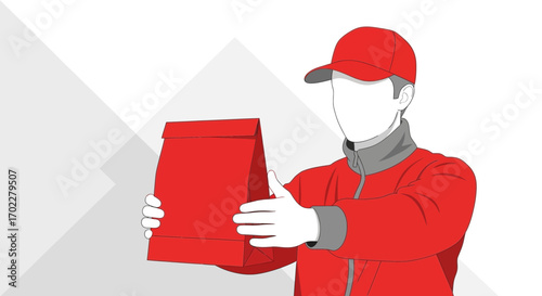 Delivery Man Holding Meal Bag, Modern Style, Ready For Doorstep Food Service Illustration